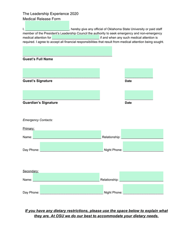The Leadership Experience 2020 Medical Release Form screenshot