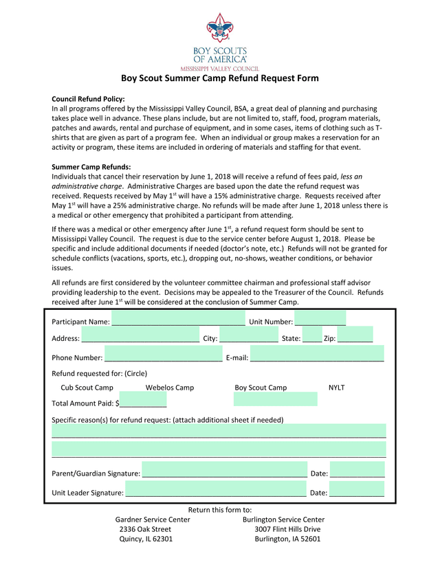 Boy Scout Summer Camp Refund Request Form screenshot