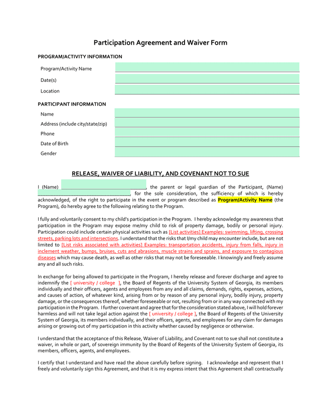 Participation Agreement And Waiver Form screenshot