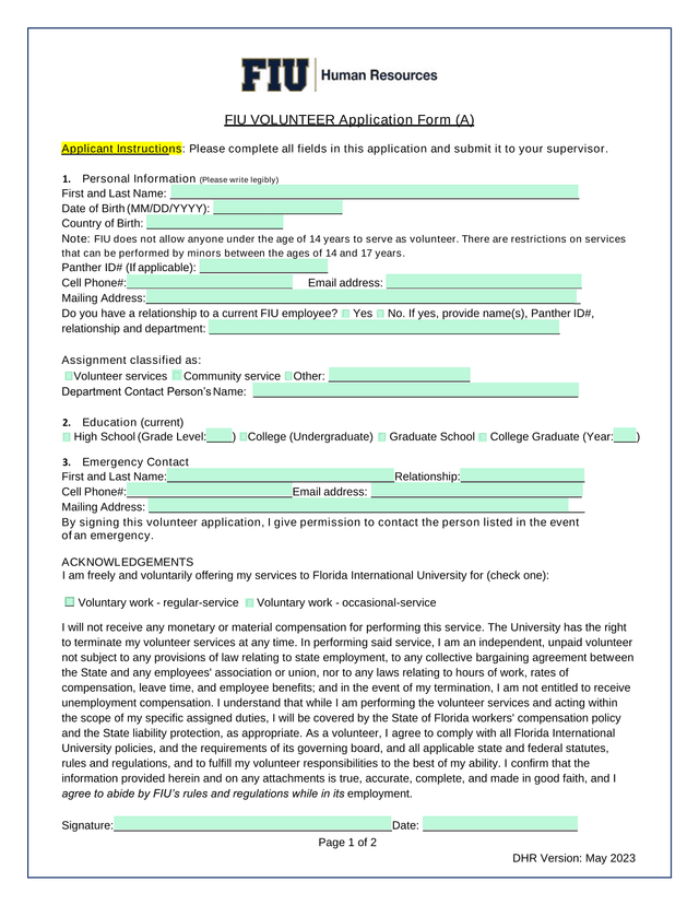 FIU VOLUNTEER Application Form (A) screenshot