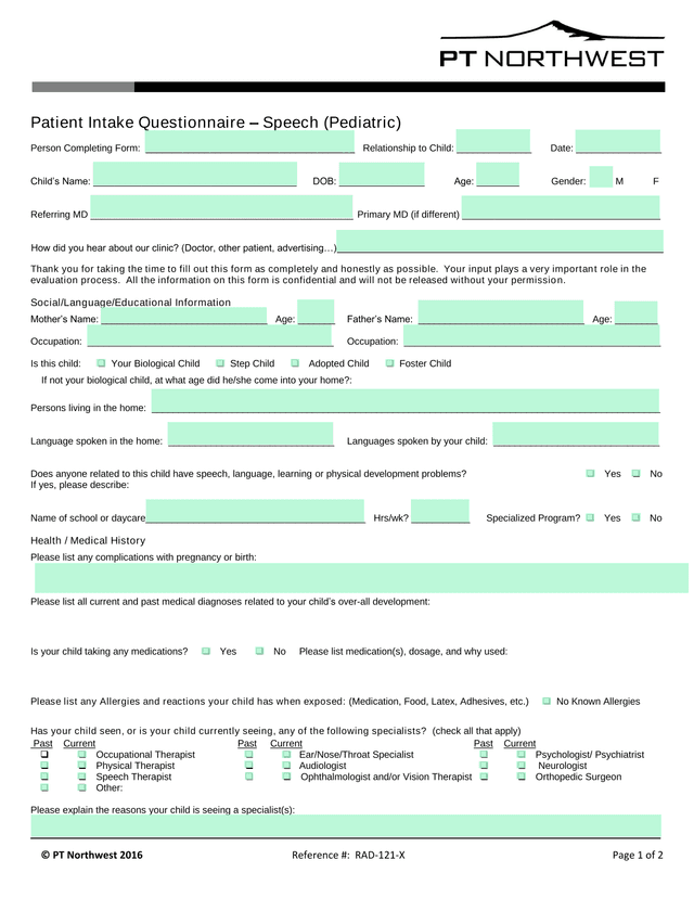 Patient Intake Questionnaire  Speech (Pediatric) screenshot