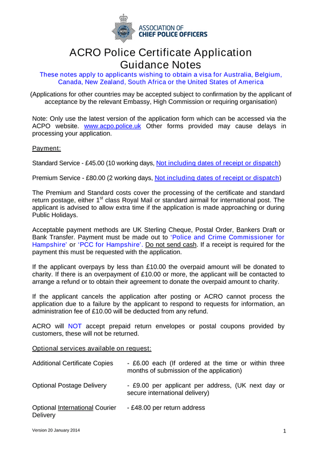 ACRO Police Certificate Application Guidance Notes screenshot