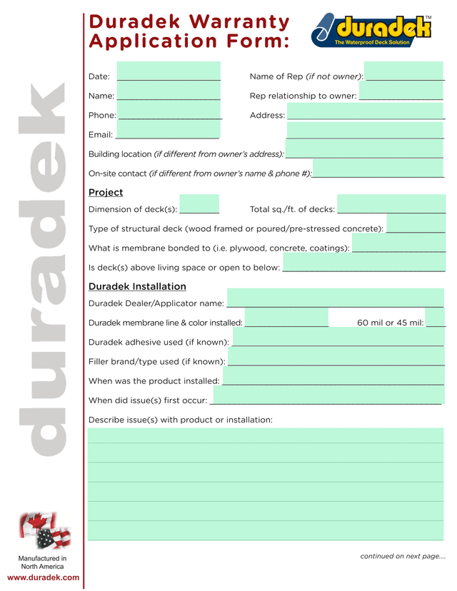 Duradek Warranty Application Form screenshot