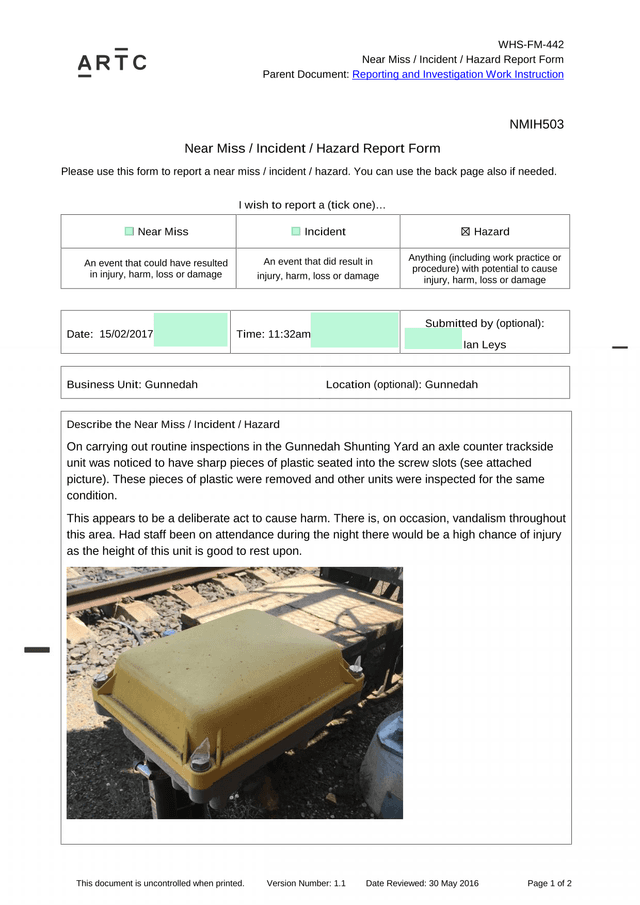 Near Miss  Incident  Hazard Report Form screenshot