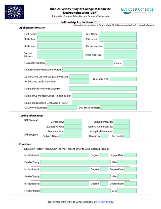 Neuroengineering IGERT Fellowship Application Form screenshot