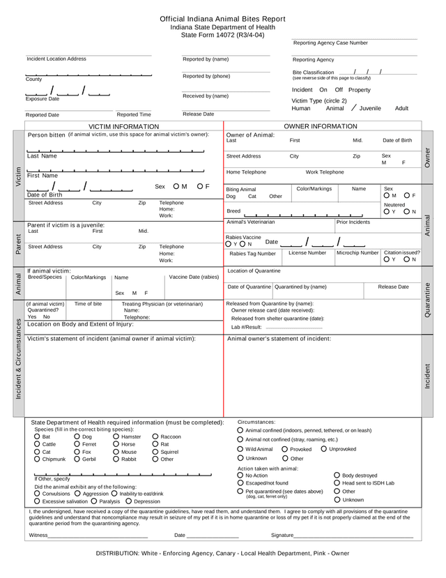 Official Indiana Animal Bites Report screenshot