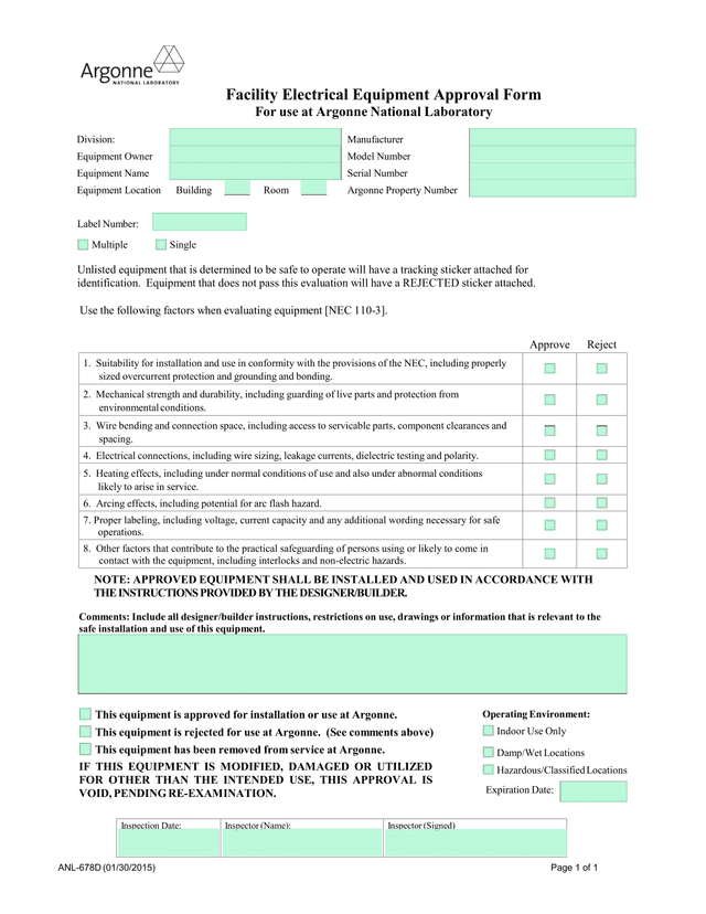 Facility Electrical Equipment Approval Form screenshot