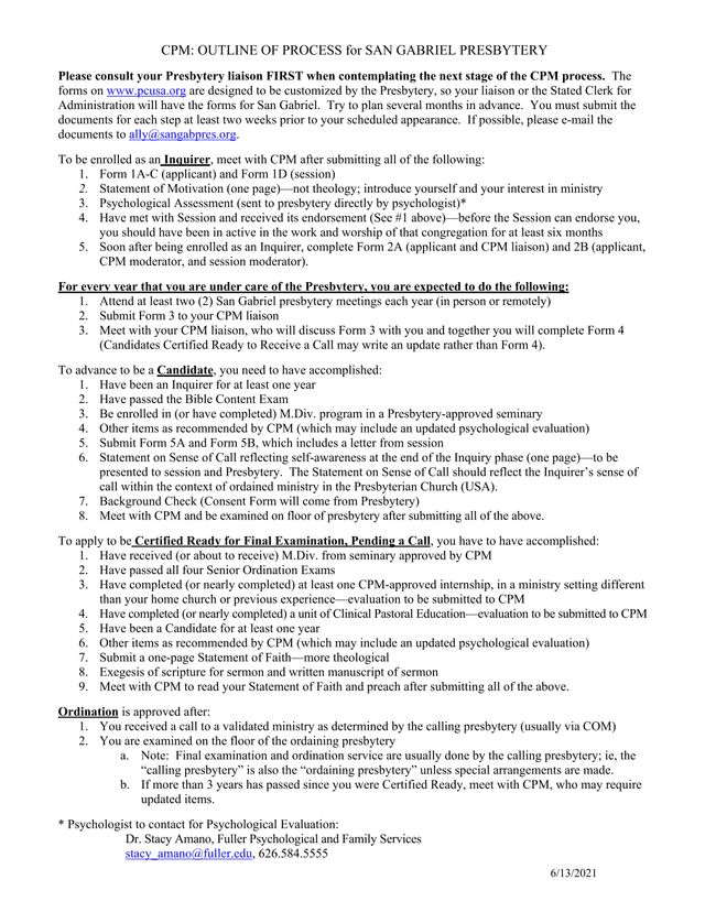 CPM OUTLINE OF PROCESS For SAN GABRIEL PRESBYTERY screenshot