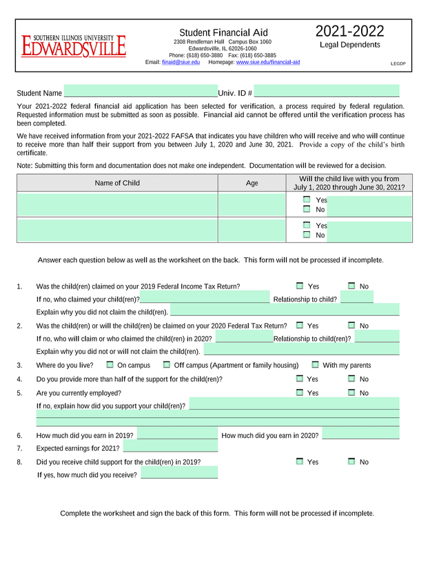 Financial Aid Verification Form screenshot