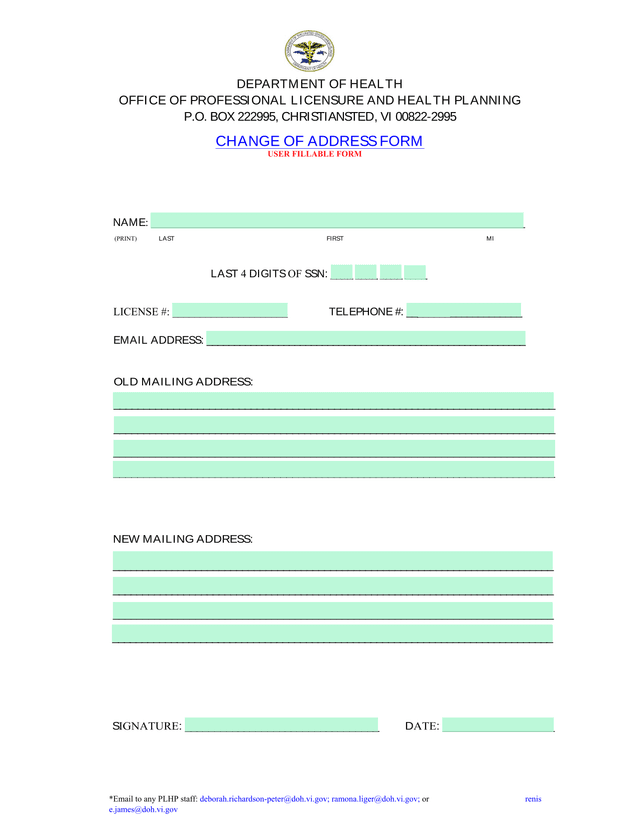 Change Of Address Form screenshot