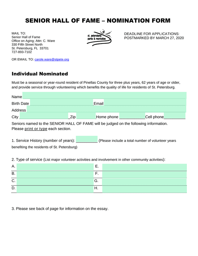 Senior Hall Of Fame  Nomination Form screenshot