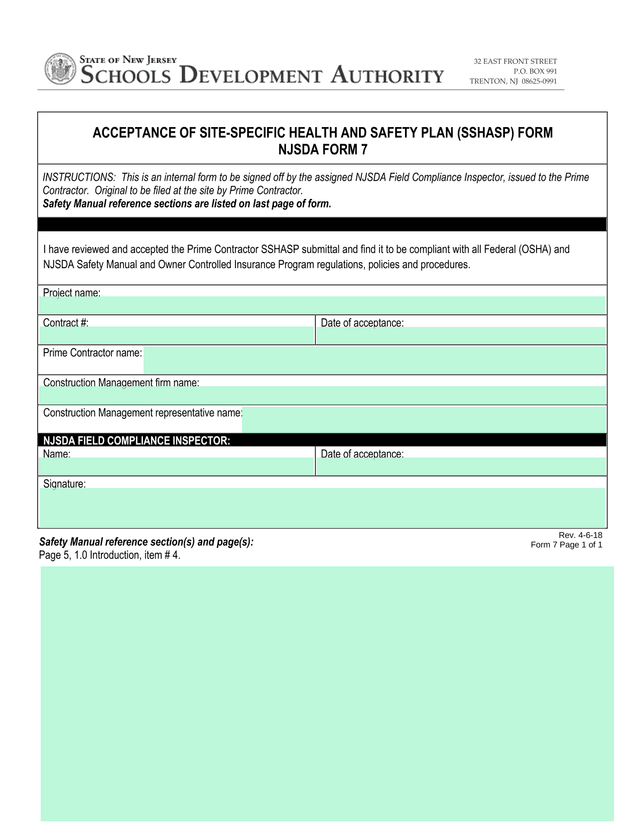 Acceptance Of Site Specific Health And Safety Plan (SSHASP) Form screenshot
