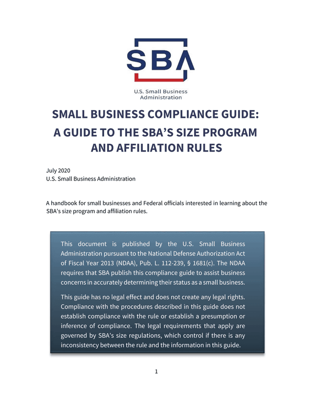 SMALL BUSINESS COMPLIANCE GUIDE A GUIDE TO THE SBAS SIZE PROGRAM AND AFFILIATION RULES screenshot