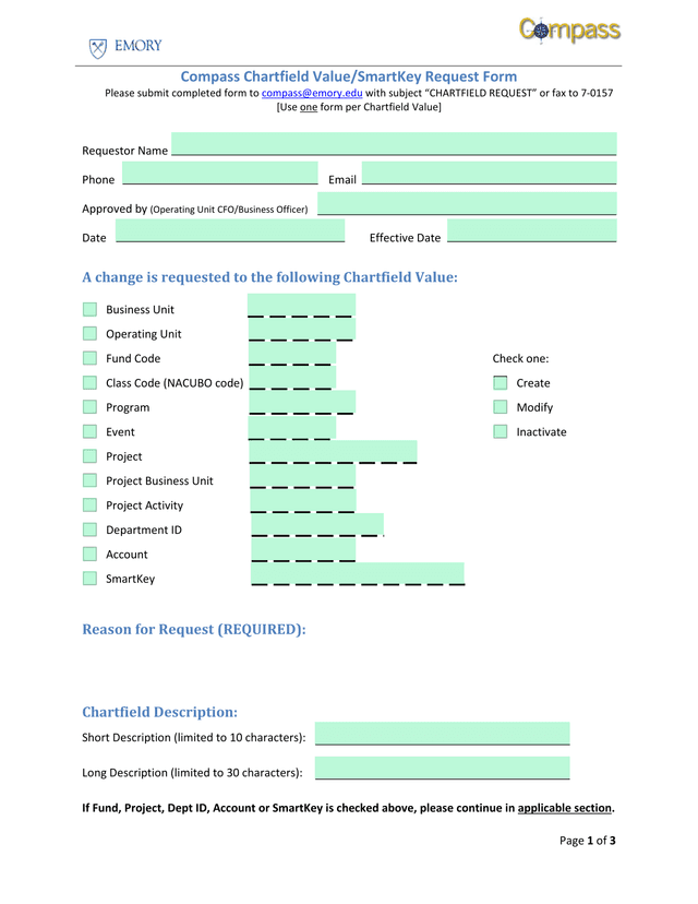 Compass Chartfield ValueSmartKey Request Form screenshot