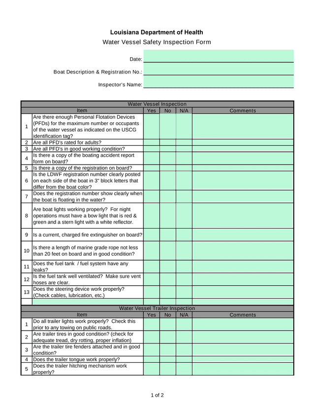 Louisiana Department Of Health Water Vessel Safety Inspection Form screenshot