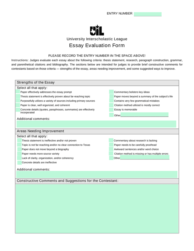 University Interscholastic League Essay Evaluation Form screenshot
