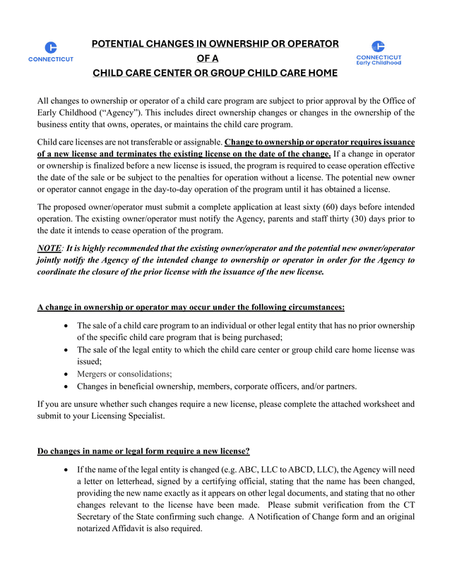 Potential Changes In Ownership Or Operator Of A Child Care Center Or Group Child Care Home screenshot