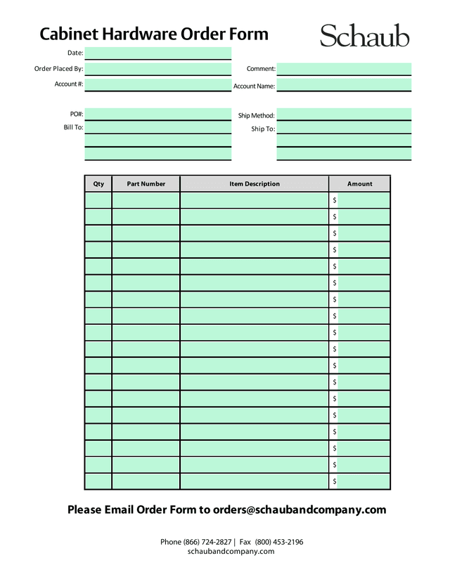 Cabinet Hardware Order Form screenshot