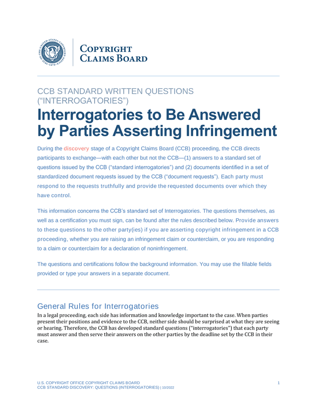 CCB Standard Discovery Questions (Interrogatories) screenshot