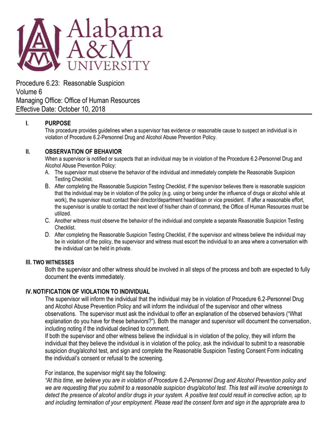 Procedure 6.23 Reasonable Suspicion screenshot