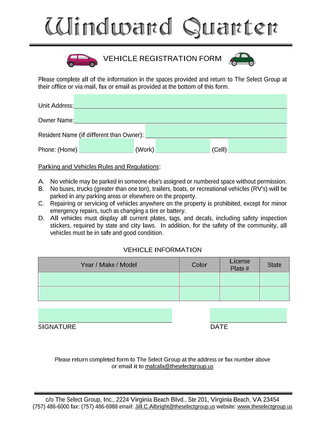 Vehicle Registration Form screenshot