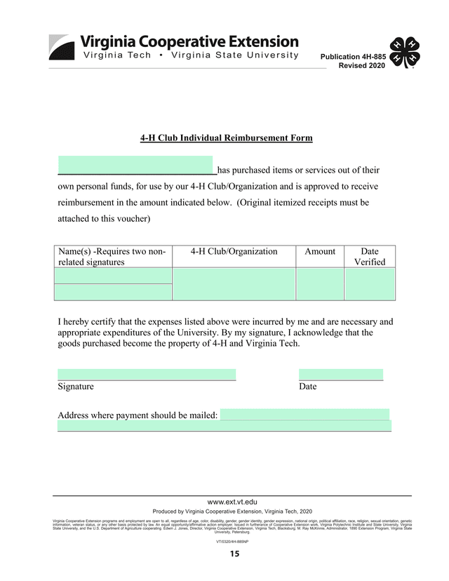 4 H Club Individual Reimbursement Form screenshot