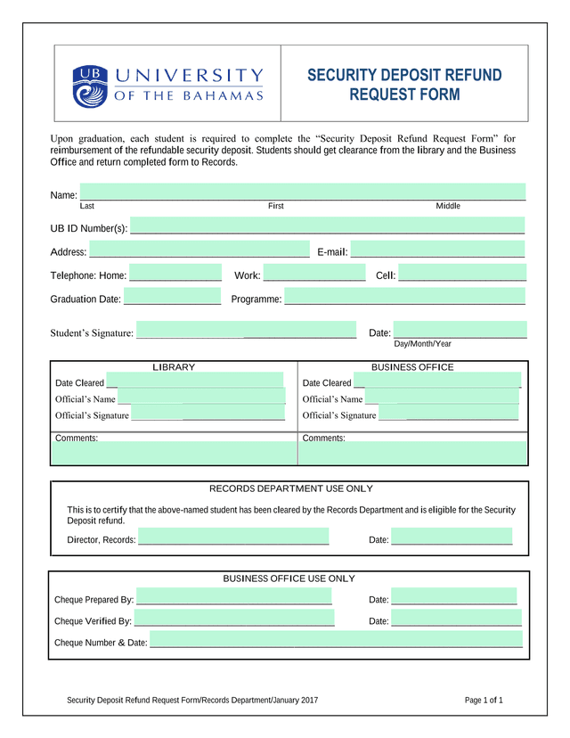 Security Deposit Refund Request Form screenshot