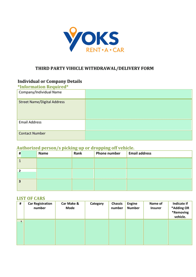 Third Party Vehicle WithdrawalDelivery Form screenshot