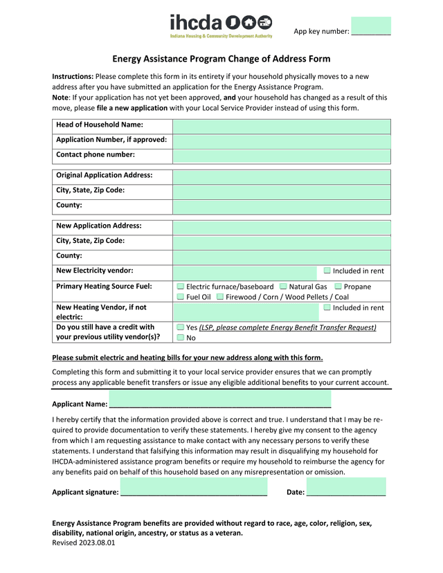 Energy Assistance Program Change Of Address Form screenshot