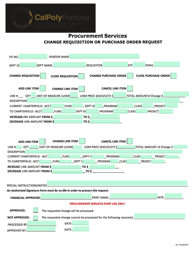 Change Requisition Or Purchase Order Request screenshot