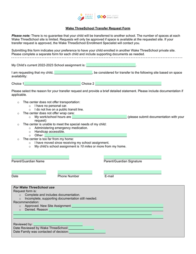 Wake ThreeSchool Transfer Request Form screenshot