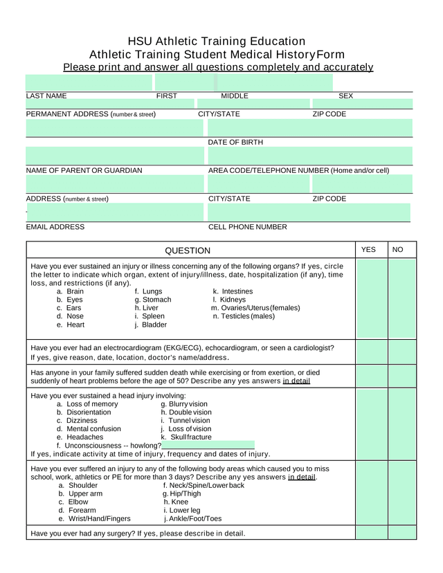 Athletic Training Student Medical History Form screenshot