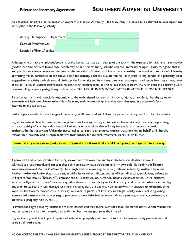 Release And Indemnity Agreement screenshot