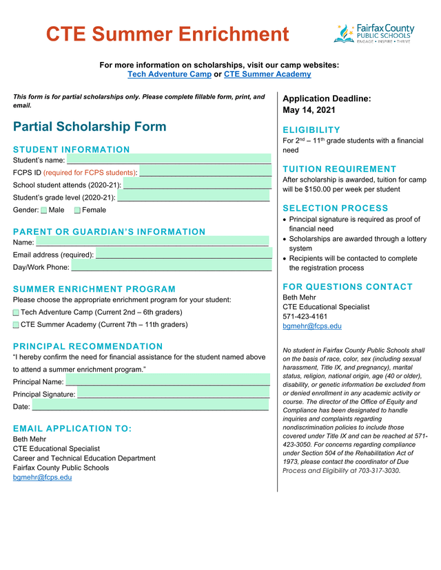 Partial Scholarship Form screenshot