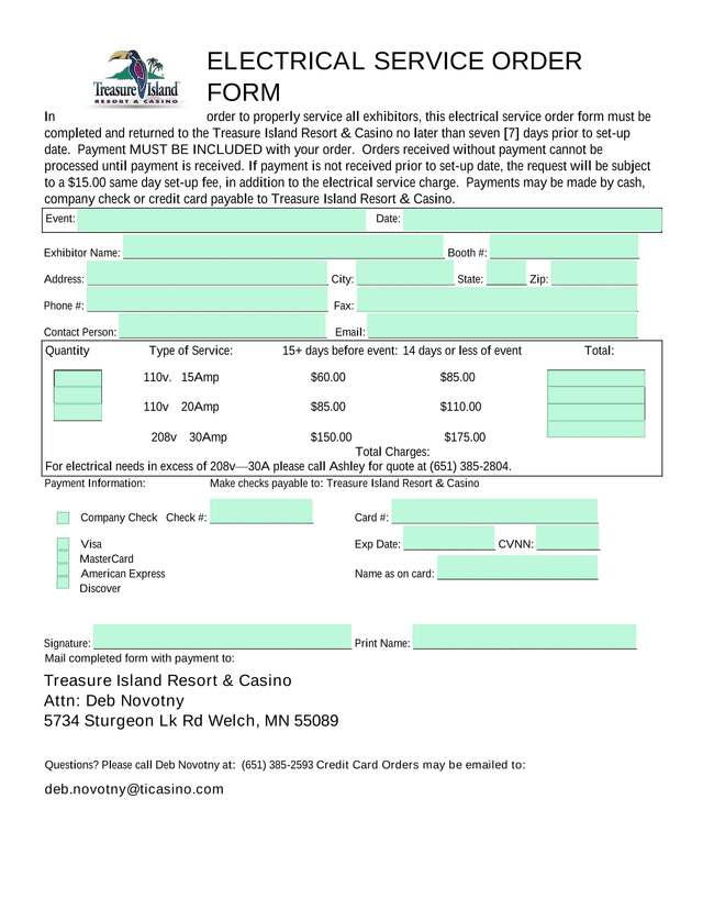 Electrical Service Order Form screenshot