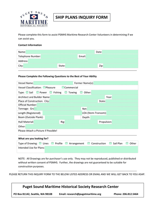 Ship Plans Inquiry Form screenshot
