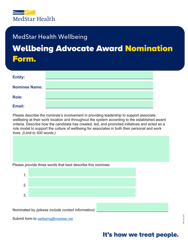 Wellbeing Advocate Award Nomination Form screenshot