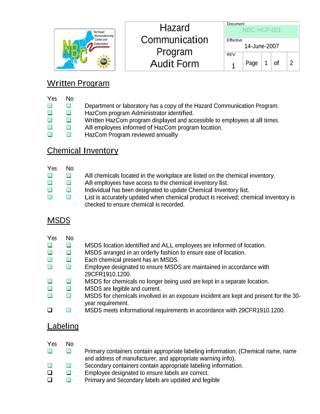Hazard Communication Program Audit Form screenshot