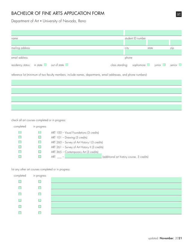 Bachelor Of Fine Arts Application Form screenshot
