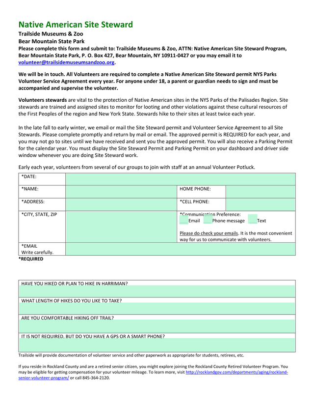 Native American Site Steward Volunteer Form screenshot