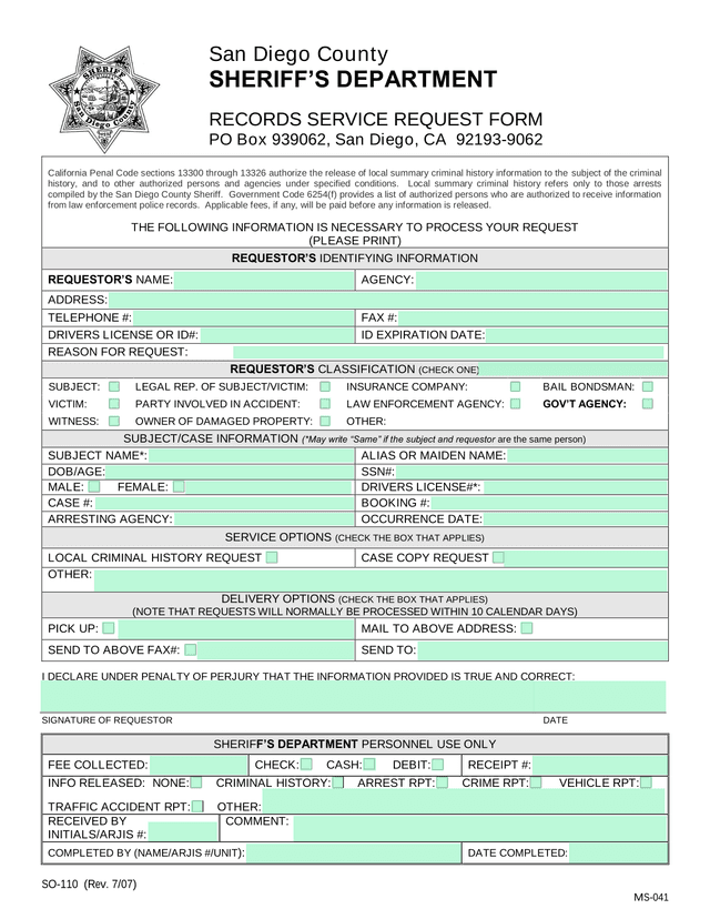 San Diego County SheriffS Department Records Service Request Form screenshot