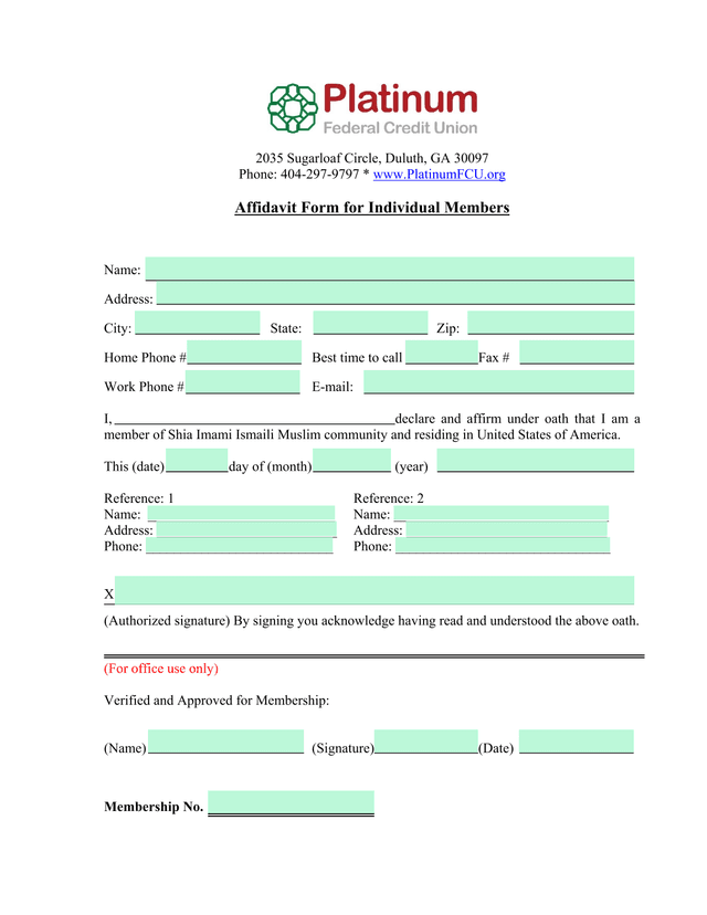 Affidavit Form For Individual Members screenshot