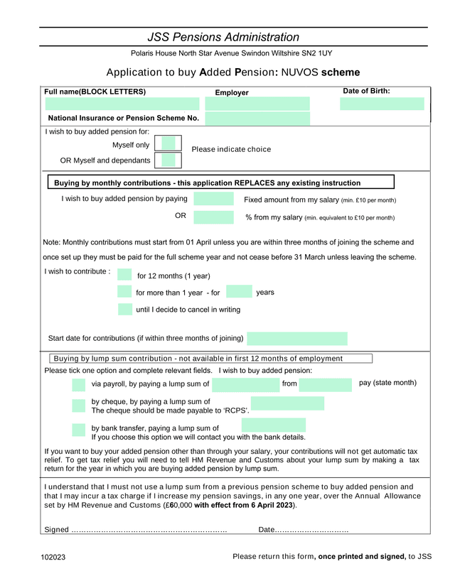 Application To Buy Added Pension NUVOS Scheme screenshot