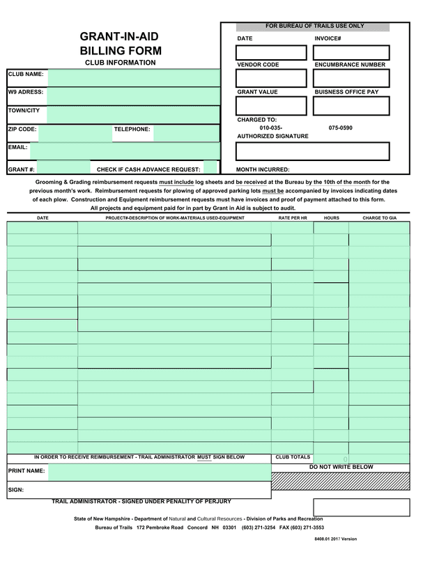 Grant In Aid Billing Form screenshot