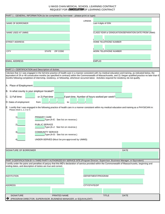 U MASS CHAN MEDICAL SCHOOL LEARNING CONTRACT REQUEST FOR CANCELLATION OF LEARNING CONTRACT screenshot