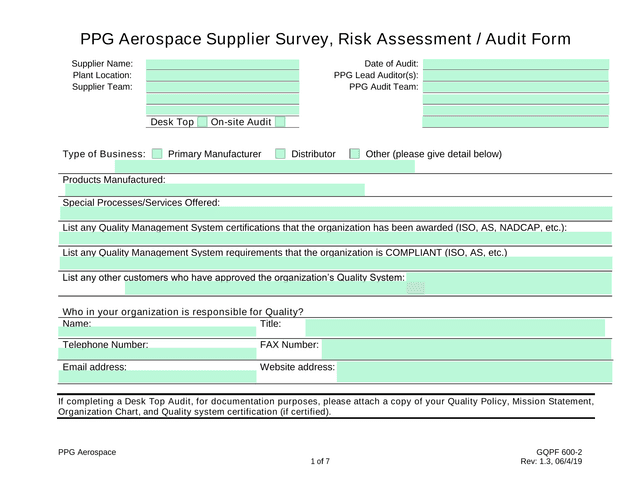 PPG Aerospace Supplier Survey, Risk Assessment  Audit Form screenshot