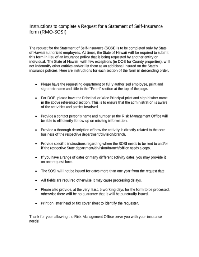 Request For A Statement Of Self Insurance (RMO SOSI) Instructions screenshot