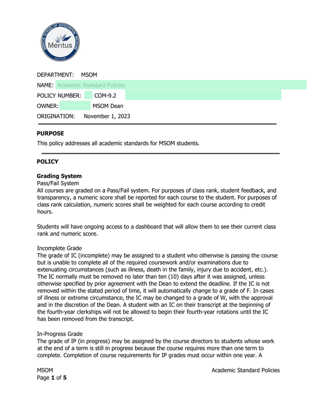 Academic Standard Policies screenshot