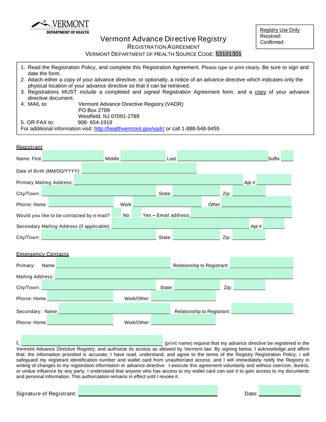 Vermont Advance Directive Registry Registration Agreement screenshot
