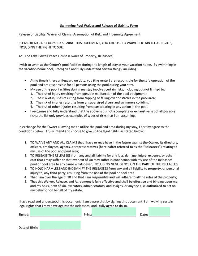 Swimming Pool Waiver And Release Of Liability Form screenshot